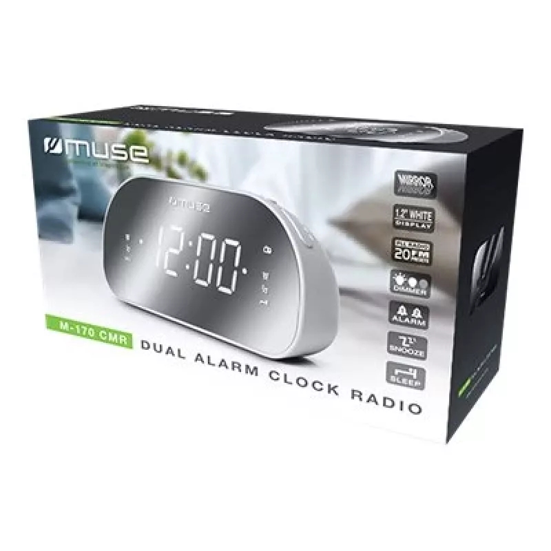 Rádio-relógio Muse M-170CMR — rádio-relógio digital, ecrã LED de 1,2 polegadas, FM, AC 230V, backup AAA, espelho/branco