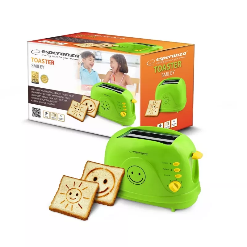 Torradeira elétrica de mesa ESPERANZA EKT003, 2 fatias, 750 W, 7 níveis de tostagem, função de descongelação, gaveta de migalhas removível, verde