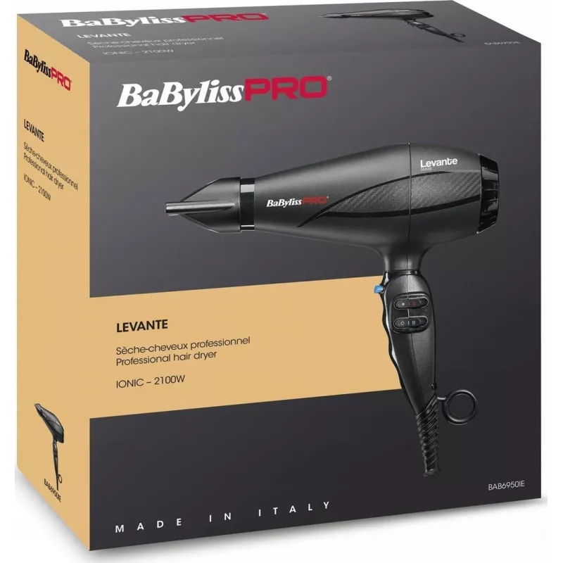 Secador de cabelo BaByliss PRO Levante 2100 W, motor AC, iónico, 2 temperaturas/2 velocidades, preto