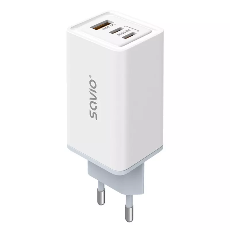 Fonte de alimentação SAVIO LA-07 GaN 65W, USB, QC4.0+, PD 3.0, branca