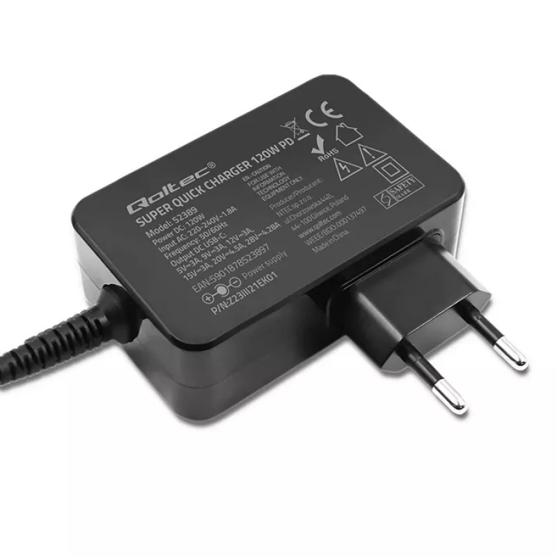 Carregador rápido turbo Qoltec PD 120W | 5-28V | 3-4.5A | USB-C | Preto