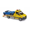 Bruder MB Sprinter transportador de carros com módulo de luz e som, laranja/azul, incl. roadster