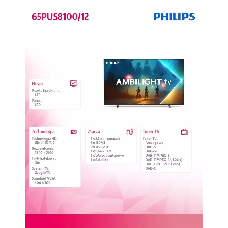 Televisor Philips 65PUS8100/12 65 inch LED 4K Ultra HD, classe de eficiência energética E