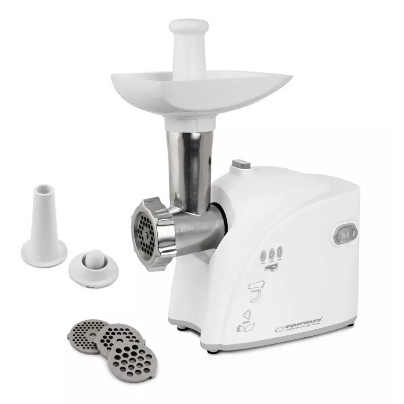 Picadora de carne elétrica ESPERANZA EKM032 — 2200 W, branco, 3 discos perfurados, acessórios kebbe e para salsichas