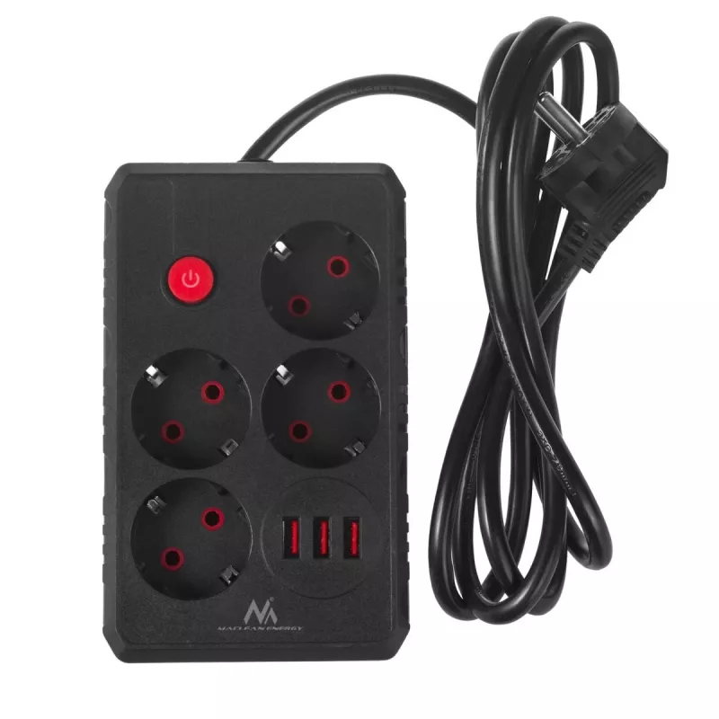 Extensão elétrica MACLEAN MCE392 B — 4 tomadas, 3×USB, 110–240V, 2,1A, 2500W, cabo de 1,5 m, preto