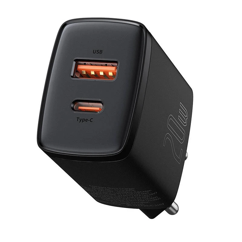 Carregador rápido USB de interior Baseus CCXJ-B01 – 2 portas (USB-C PD 20W + USB-A QC3.0 18W), 100–240 V, preto