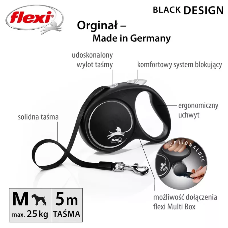 Flexi Black Design M trela extensível para cães, fita de 5 m, até 25 kg