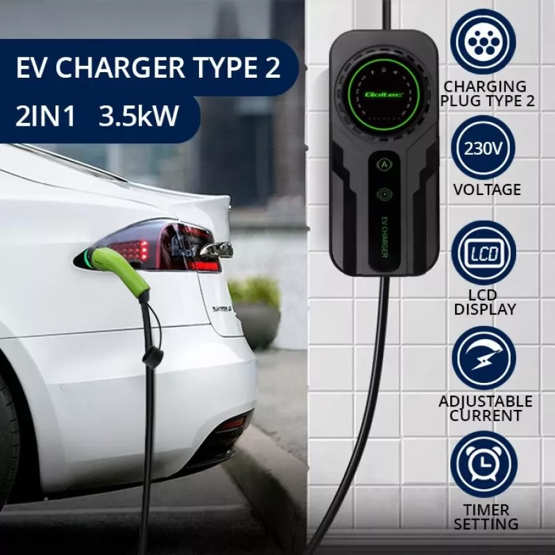 Carregador móvel para veículos elétricos QOLTEC 52468 Type 2, 3,5 kW, 16 A, cabo de 5 m, IP65