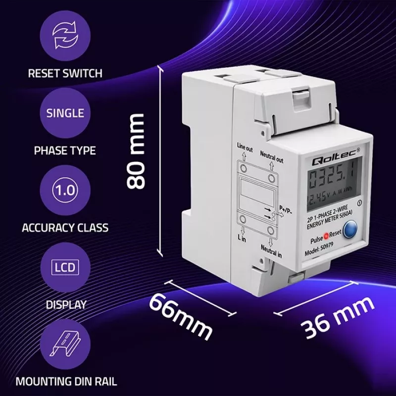 Contador de energia QOLTEC monofásico calha DIN 230V (MPN 50979)