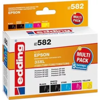 Cartucho de tinta Edding substitui Epson 33XL/T3351/T3361/T3362/T3363/T3364 Compatível pack combinado preto, preto fotográfico, ciano, magenta, amarelo EDD-582 18-582