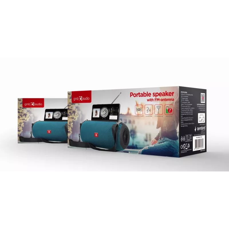 Altifalante estéreo portátil GEMBIRD SPK-BT-17-G — Bluetooth 5.1, 5 W RMS, 1200 mAh, MicroSD, FM, AUX