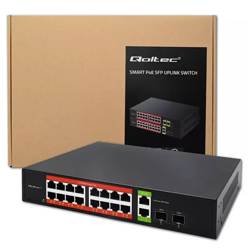 Switch de rede QOLTEC 52292 — Gigabit Ethernet PoE, 16x RJ45, 2x RJ45 uplink, 2x SFP