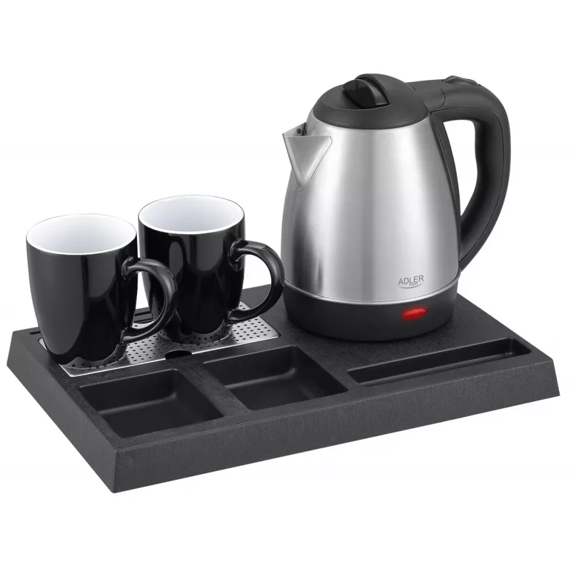 Adler AD 1354 chaleira de hotel em aço inoxidável 1,2 L + tabuleiro com chávenas preto, aço