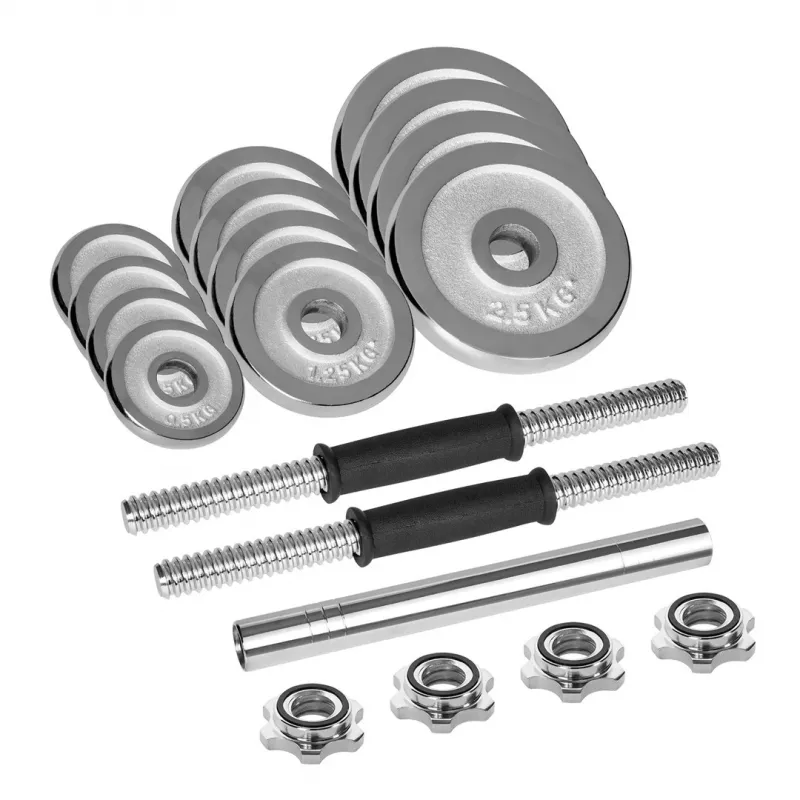 Halteres ajustáveis Rebel Chrom 20 kg com mala e barras de haltere (2) — discos de 2,5 kg, 1,25 kg, 0,5 kg