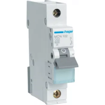 Hager MCN102. Corrente nominal: 2 A. Tipo: característica C, número de módulos (máx.): 1 módulo(s). Largura: 17,5 mm, profundidade: 70 mm, altura: 83 mm (MCN102)