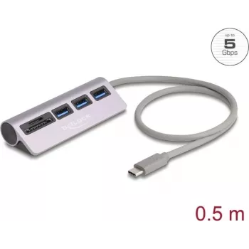 Hub USB DELOCK 3 portas 5 Gbit/s com leitor de cartões SD e microSD e conector USB-C