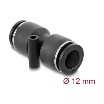 Conector pneumático DELOCK 12 mm reto com orifício de fixação, caixa em metal/plástico, rosca fêmea, comprimento 49 mm