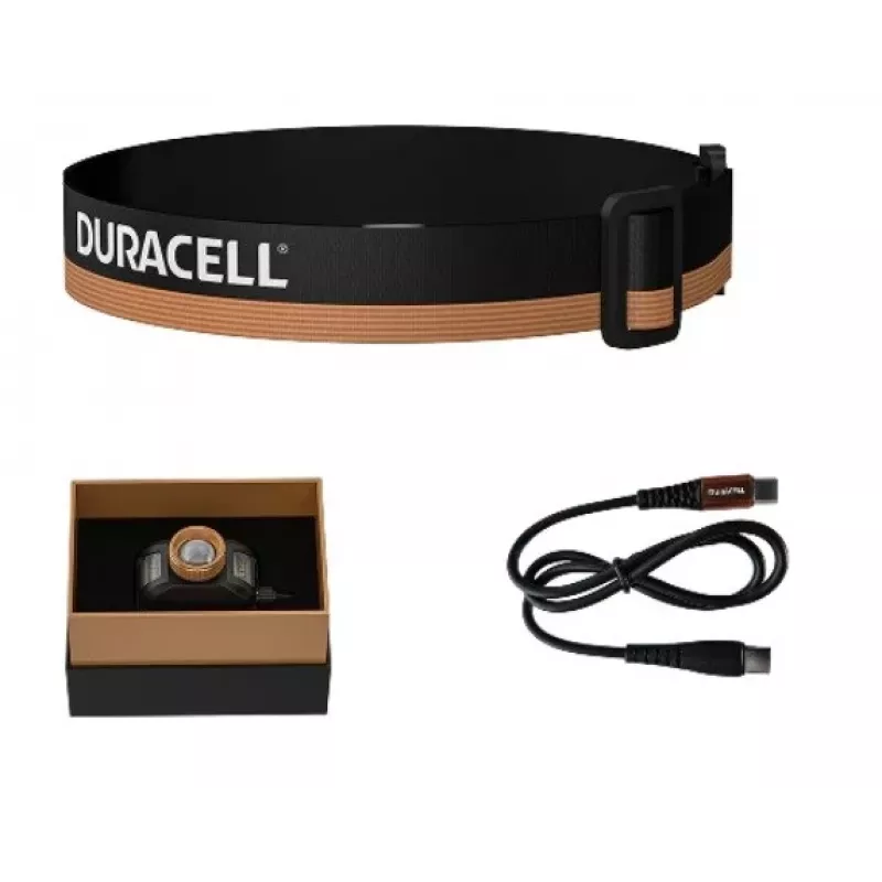 Lanterna de cabeça Duracell DH1500R — preta/laranja, iluminação recarregável mãos livres