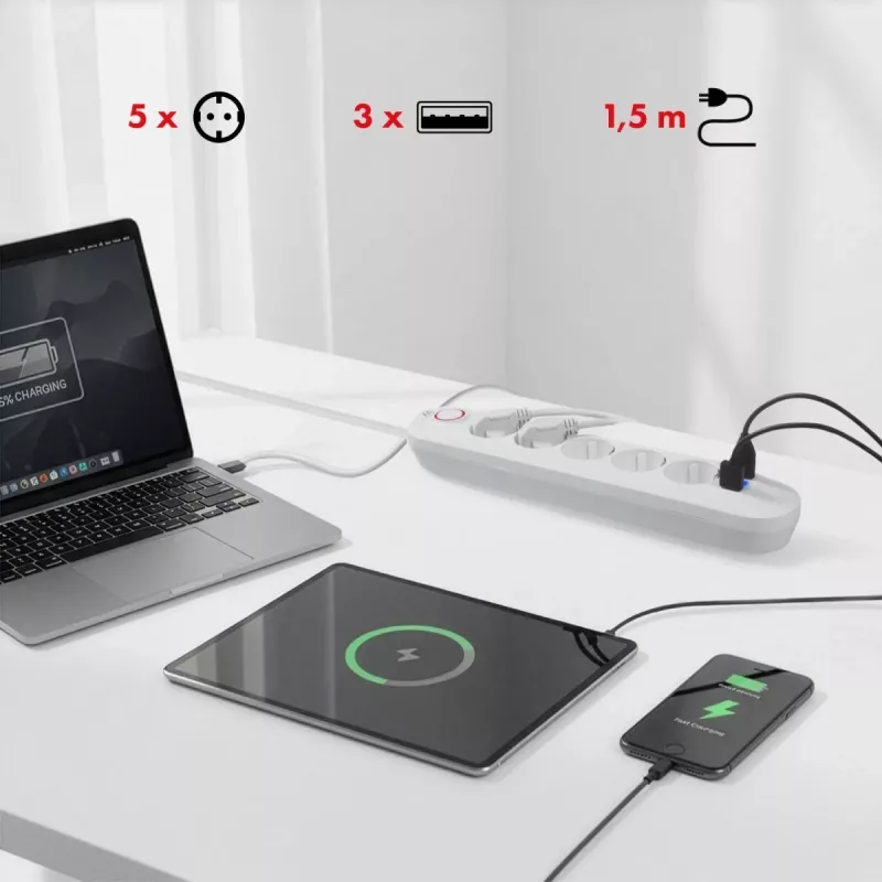 Extensão elétrica MACLEAN MCE395 W — 5 tomadas, 3× USB A, 110–240 V AC, 2,1 A USB, máx. 2500 W, branco, cabo de 1,5 m
