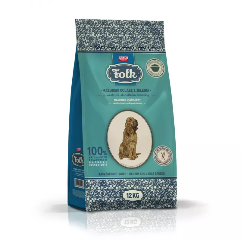 FOLK raças médias e grandes tradicional panela masúria de caça com beterraba e arandos - comida seca para cães - 12 kg