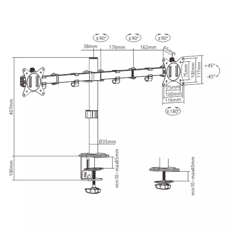 Suporte de monitor Gembird MA-D2-01 para 2 ecrãs até 32 polegadas, VESA 75x75–100x100, grampo, 18 kg, preto