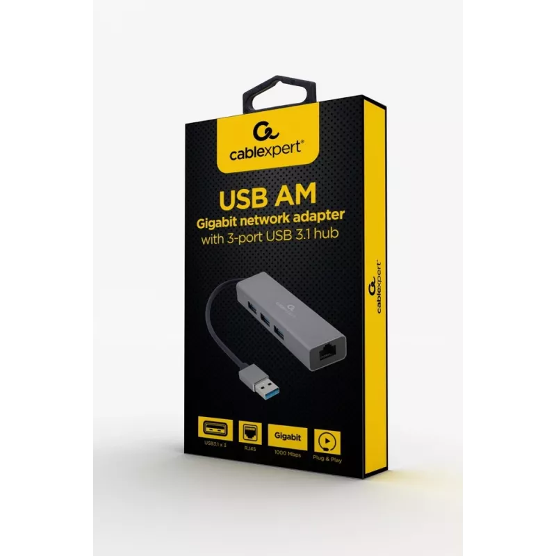 Gembird A-AMU3-LAN-01 adaptador USB-A para Gigabit LAN com hub USB 3.0 de 3 portas, preto