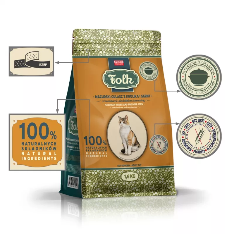 FOLK guisado masúrio de coelho e veado com beterraba e arandos - comida seca para gatos - 1,6 kg
