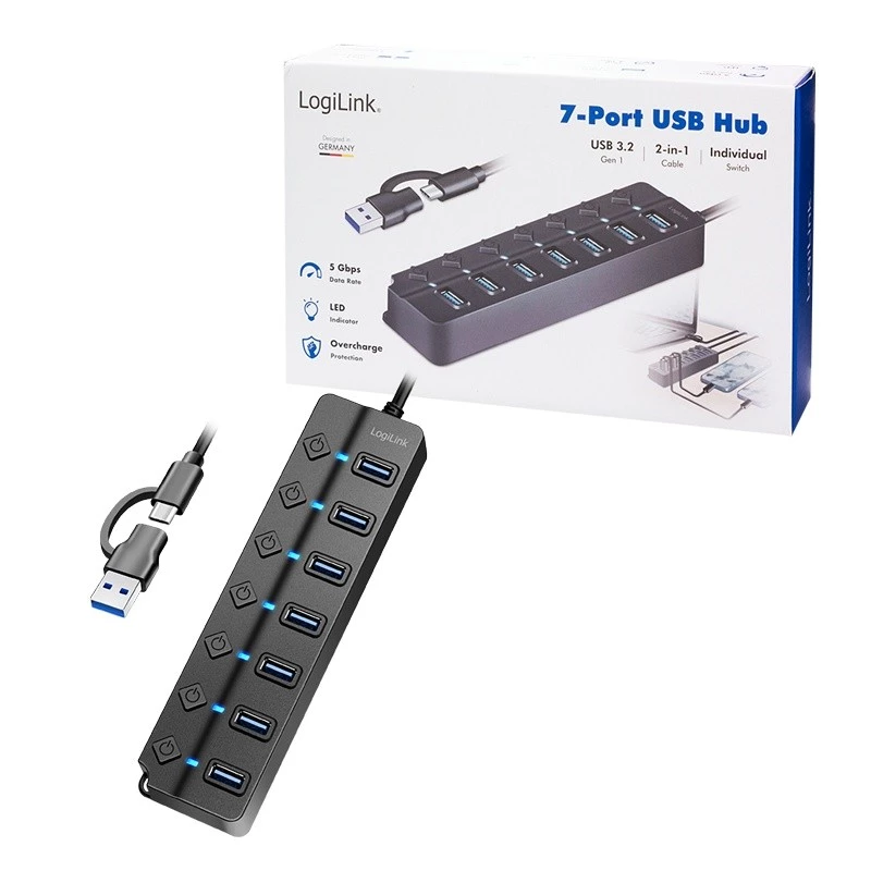 Hub USB 3.2 Gen 1, 7 portas com interruptor ligar/desligar, preto