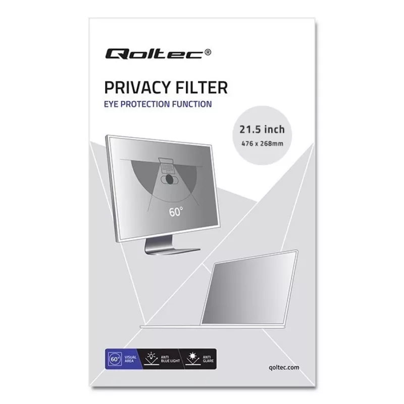 Filtro de privacidade sem moldura QOLTEC 51055 para monitores LCD de 21,5 polegadas (16:9), 476,6×268 mm, filtro preto