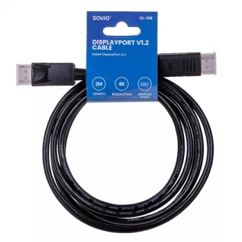 Cabo DisplayPort SAVIO CL-136, ficha DisplayPort–ficha, 2 m, DP 1.2, contactos dourados, preto