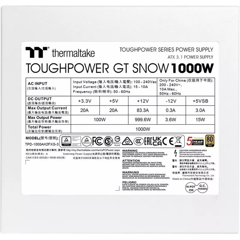 Fonte de alimentação PSU THERMALTAKE Toughpower GT Snow 1000W ATX 24-pin, 80 PLUS Gold, branco, ventoinha 120mm