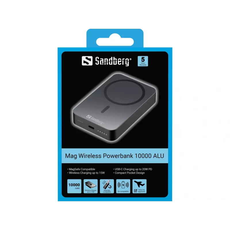 Carregador portátil Sandberg Mag Wireless Powerbank 10000 ALU, 10000 mAh