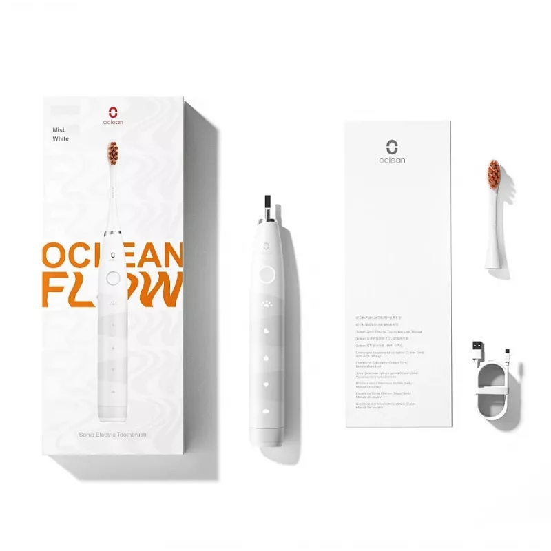 Escova de dentes sónica OCLEAN FLOW adultos — a pilhas, modo branqueador, temporizador integrado, velocidade ajustável, 255 mm de altura, branca, 0,13 kg, 1 cabo + 1 cabeça de escova