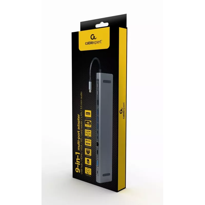 Gembird A-CM-COMBO9-01 adaptador multifunções USB Type-C 9 em 1 (hub USB + HDMI + VGA + PD + leitor de cartões + LAN + áudio de 3,5 mm), Space Grey
