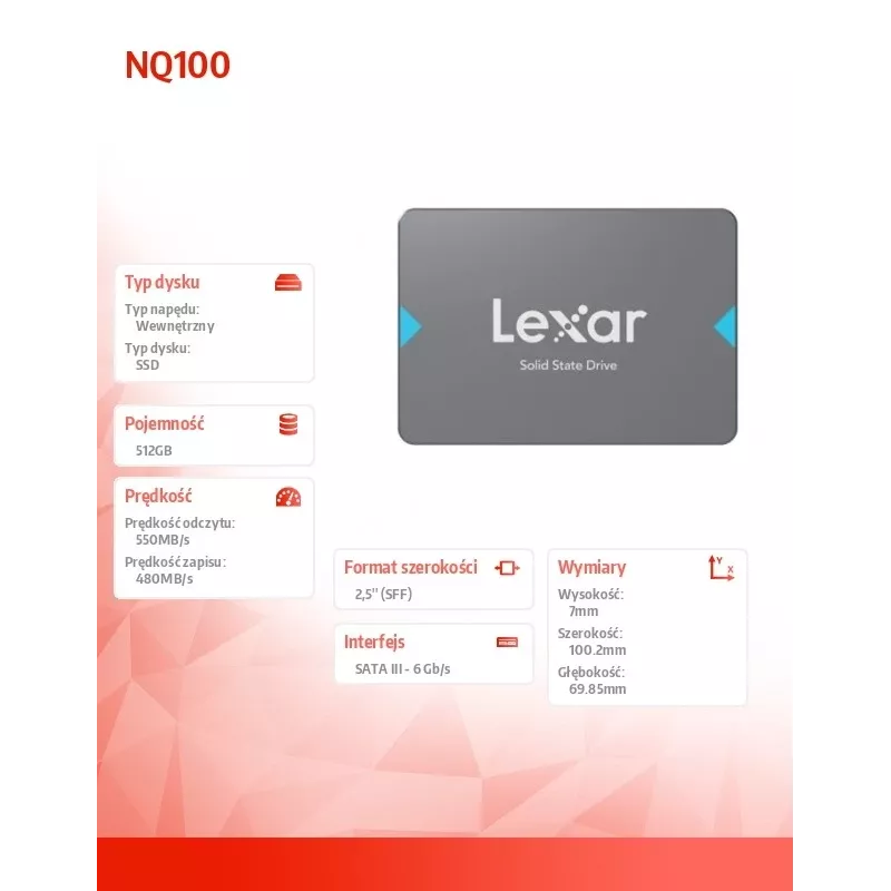SSD 2,5 polegadas Lexar NQ100 512 GB SATA III, 550 MB/s leitura, 6 Gbit/s transferência