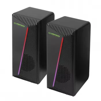 Colunas estéreo 2.0, 6W, ligação Jack 3.5mm, alimentação USB, Esperanza Rainbow Nortec 95855, iluminação RGB, pretas