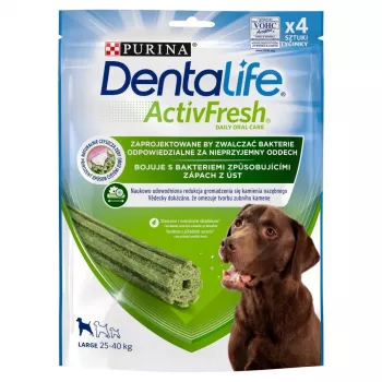 Snack dentário Purina Nestlé Dentalife Active Fresh Large 142 g — snack de higiene dentária para cães grandes (25–45 kg), sabor a aves