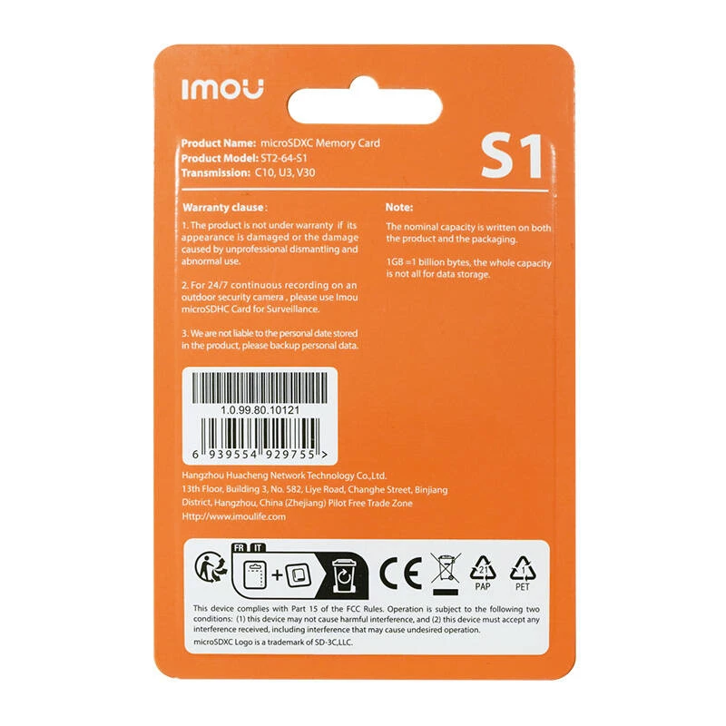 Cartão de memória MicroSD IMOU ST2-64-S1 64 GB, Class 10, leitura 95 MB/s, escrita 35 MB/s, U3 V30