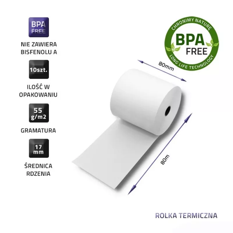 Rolo térmico Qoltec 51892 80 x 80 | 55 g/m² | 10 unid. | sem BPA
