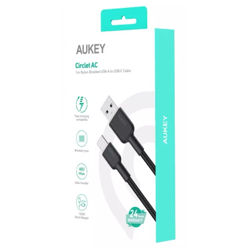 Cabo USB-A para USB-C Aukey CB-NAC1, 1 m, nylon entrançado, USB PD 60 W, USB 2.0