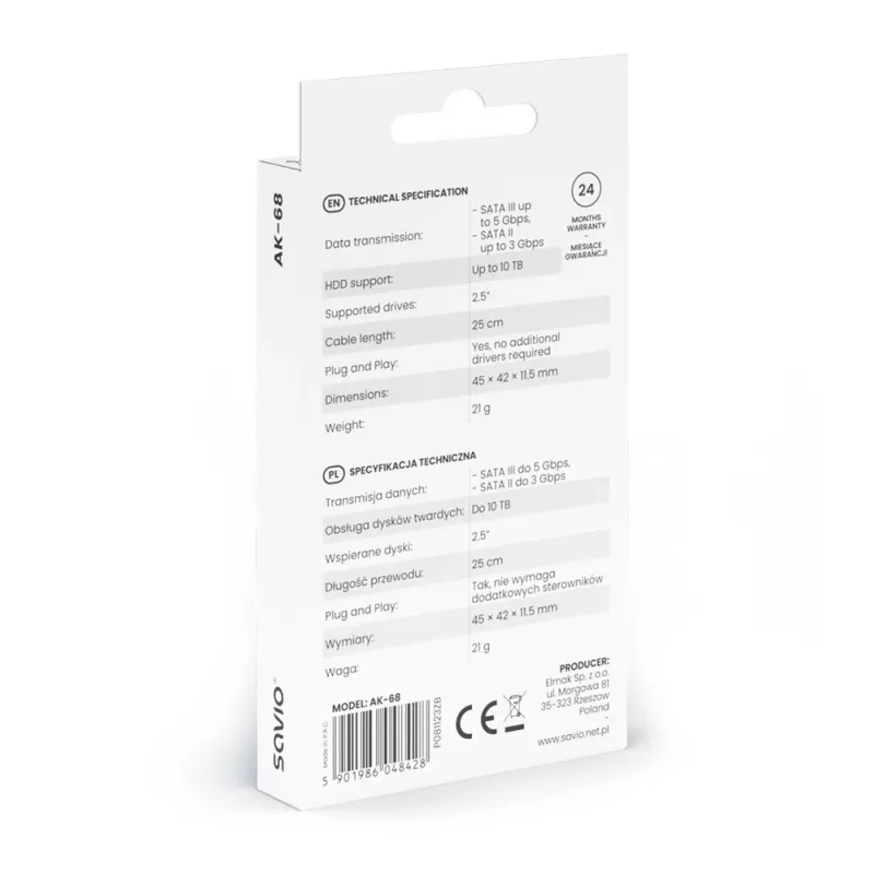 Cabo de interface SAVIO SATA para USB 3.1 Gen 1 AK-68, conector fêmea SATA para conector macho USB-A, 5 Gbit/s, 0,25 m, preto