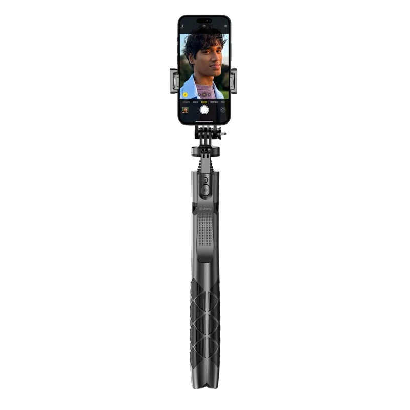Bastão de selfie com tripé Crong CRGSGU1BLK alumínio Bluetooth com pernas dobráveis e suporte para telemóvel