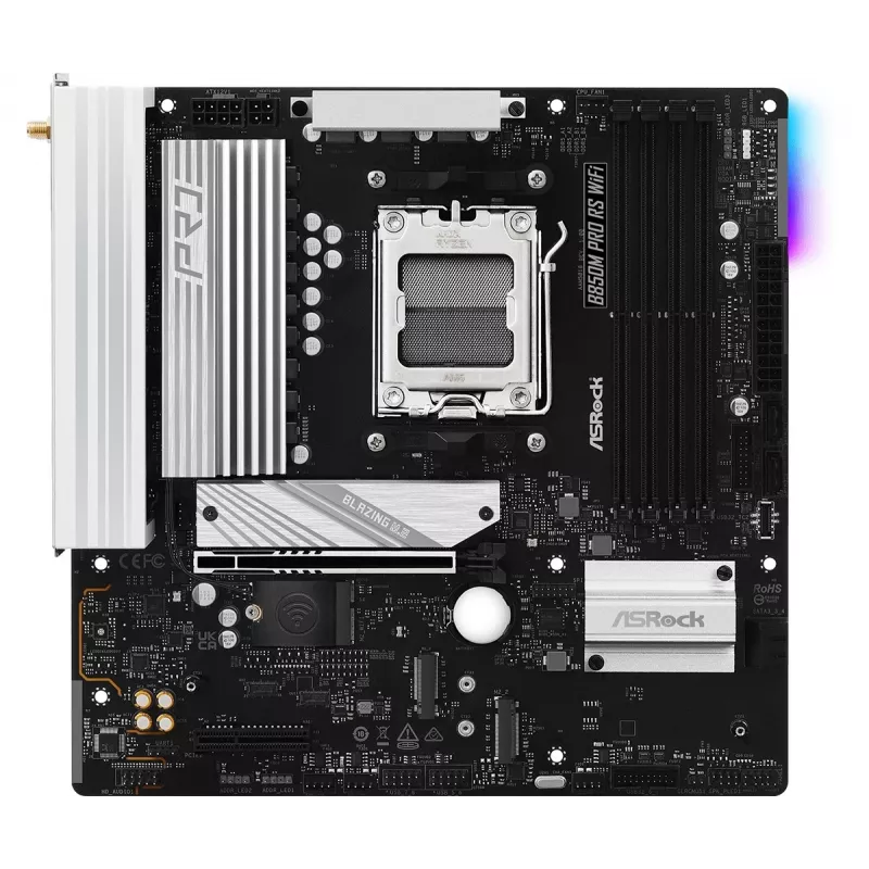 Placa-mãe ASRock B850M Pro RS WiFi — AMD B850, socket AM5, microATX, DDR5, 4 DIMM, 256GB, Wi‑Fi 6E, 2.5Gb LAN, 3x M.2