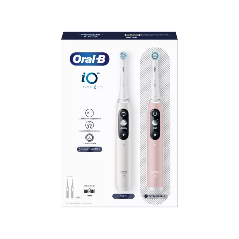 Braun Oral-B iO Series 6 Duo Escova de dentes elétrica pack de 2 branco/rosa