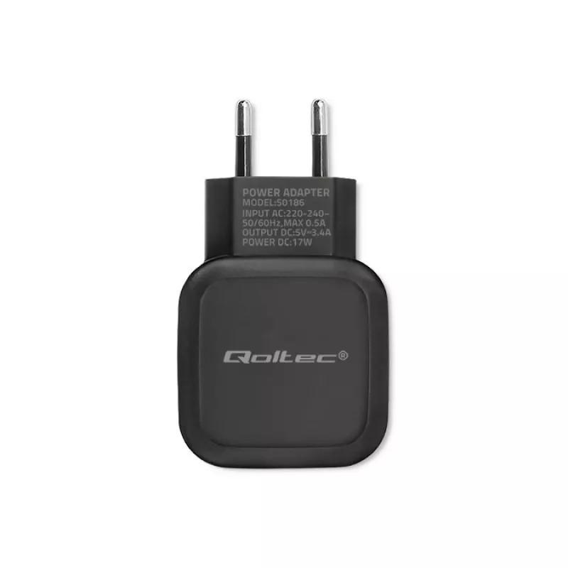 Carregador de parede AC QOLTEC 50186 para smartphone e tablet, 5 V 3.4 A, 17 W, 2× USB, preto