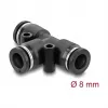 Conector pneumático em T DELOCK 8 mm, rosca fêmea, caixa em metal/plástico, 46 mm, dois orifícios de fixação