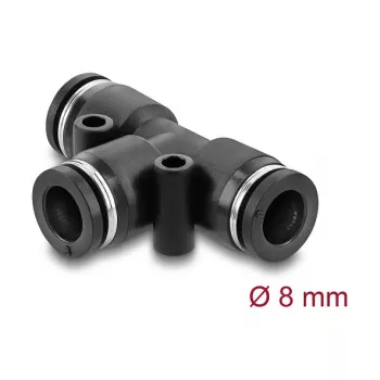 Conector pneumático em T DELOCK 8 mm, rosca fêmea, caixa em metal/plástico, 46 mm, dois orifícios de fixação