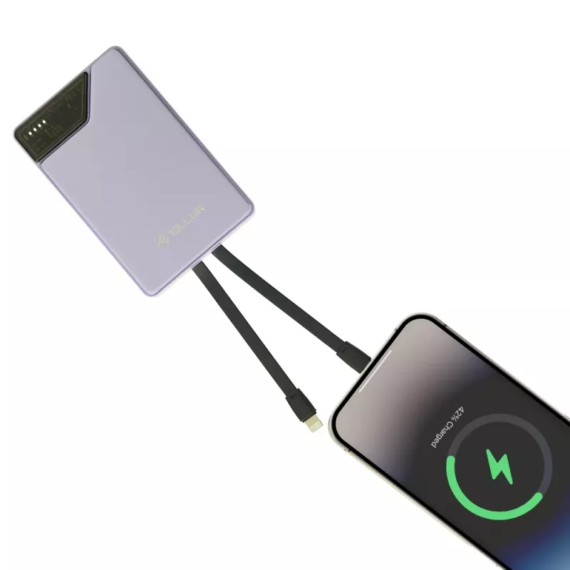 Powerbank portátil Tellur TLL158441, 10000 mAh, cabos USB-C e Lightning integrados, violeta