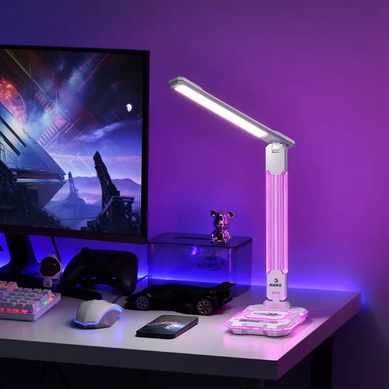 Candeeiro de mesa Hawk HW-LAMP04 branco LED ajustável, superfície branca, cabeça e braço ajustáveis