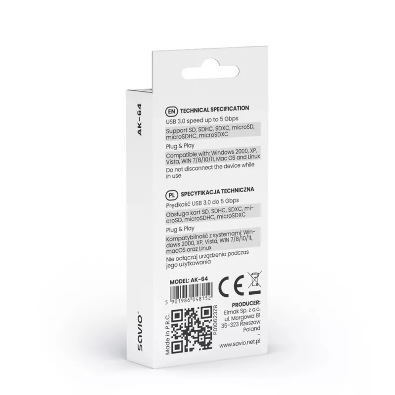 Leitor de cartões SAVIO AK-64 USB 3.2 Gen 1 saída tipo A, ranhura MicroSD, 5000 Mbit/s, preto